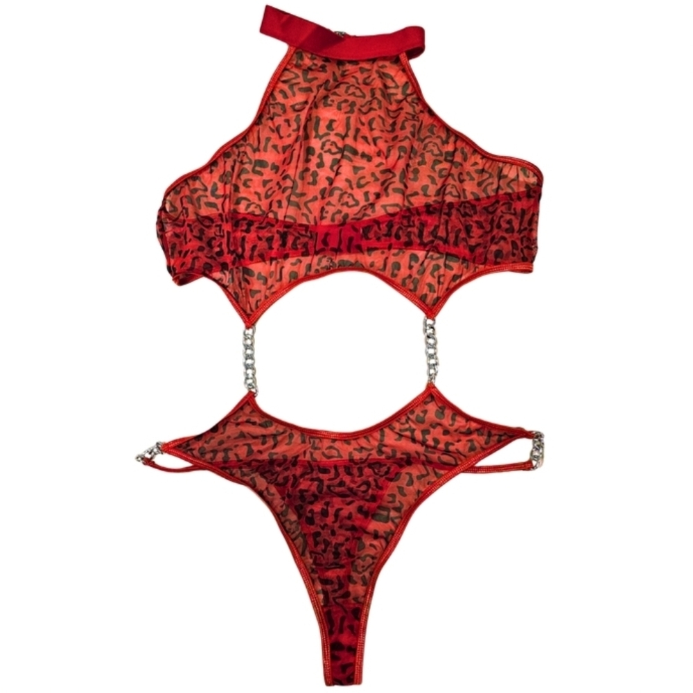 leopard print lingerie bodysuit with chains in red and black